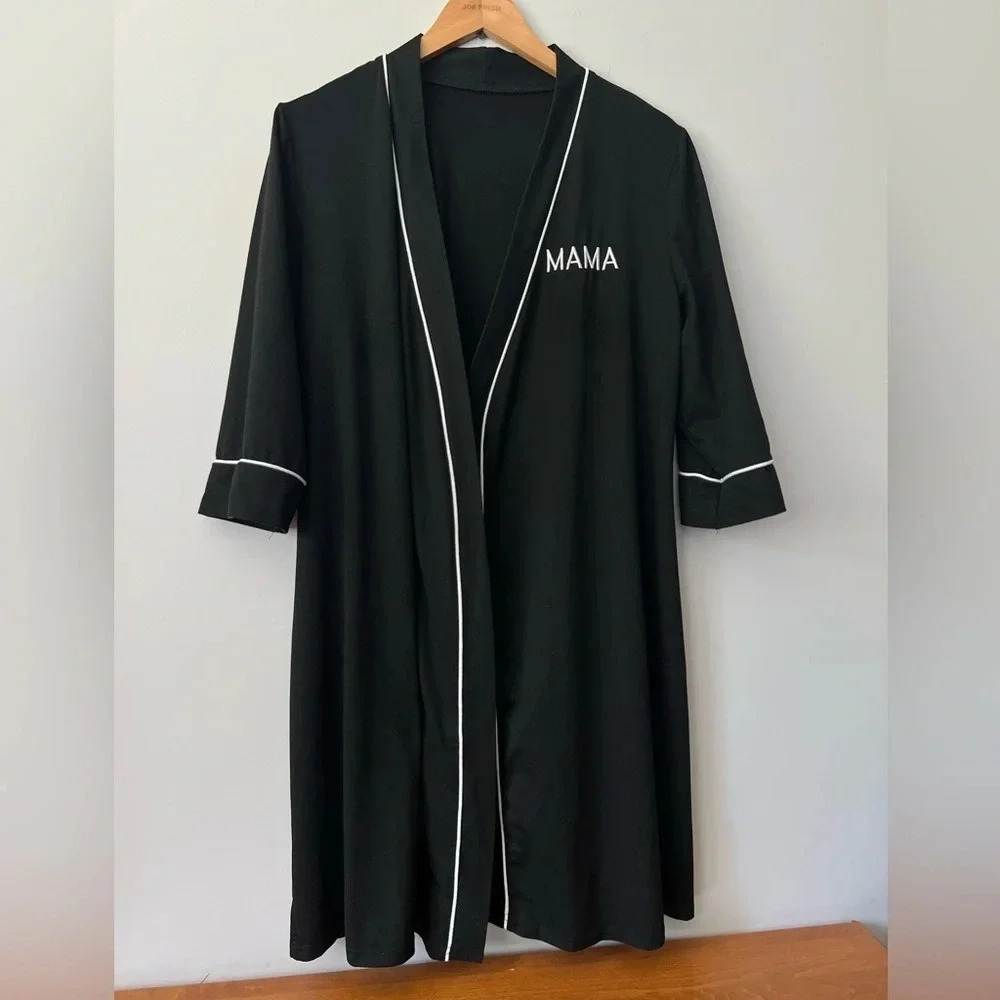 Mama Embroidered Black Robe with White Piping